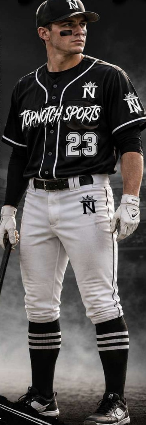 Baseball player in a black Top Notch Sports custom uniform